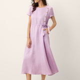 Vestido comprido Senna em linho 100% com pormenores de botões e cintura ajustável com cordão
