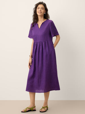 Vestido Maxi OCTAVIA em 100% Linho com Bordados nos Punhos e Decote em V