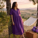Vestido Maxi OCTAVIA em 100% Linho com Bordados nos Punhos e Decote em V