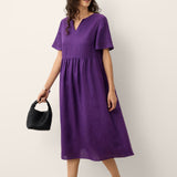 Vestido Maxi OCTAVIA em 100% Linho com Bordados nos Punhos e Decote em V