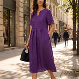 Vestido Maxi OCTAVIA em 100% Linho com Bordados nos Punhos e Decote em V