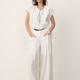 100% Linen Frayed-Trim Drop-Shoulder Top INDIRA