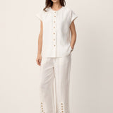 100% Linen Frayed-Trim Drop-Shoulder Top INDIRA