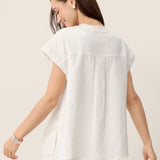 100% Linen Frayed-Trim Drop-Shoulder Top INDIRA