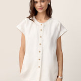 100% Linen Frayed-Trim Drop-Shoulder Top INDIRA