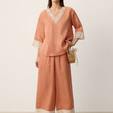 100% Linen Lace-Hem Wide-Leg Pants DARBY