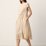 100% Linen Lace-Inset Bubble-Hem Midi Dress LORITA