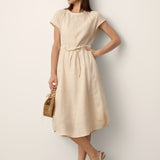 100% Linen Lace-Inset Bubble-Hem Midi Dress LORITA