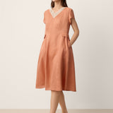 100% Linen Lace-Trim V-Neck Tailored-Waist Midi Dress ELENI