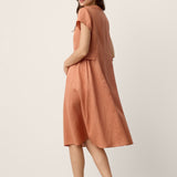 100% Linen Lace-Trim V-Neck Tailored-Waist Midi Dress ELENI