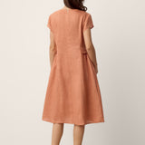 100% Linen Lace-Trim V-Neck Tailored-Waist Midi Dress ELENI