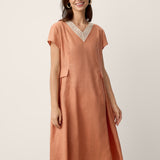 100% Linen Lace-Trim V-Neck Tailored-Waist Midi Dress ELENI