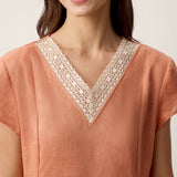 100% Linen Lace-Trim V-Neck Tailored-Waist Midi Dress ELENI