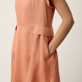 100% Linen Lace-Trim V-Neck Tailored-Waist Midi Dress ELENI