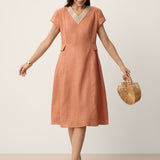 100% Linen Lace-Trim V-Neck Tailored-Waist Midi Dress ELENI