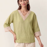 100% Linen Lace-Trim V-Neck Top KEELY