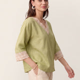 100% Linen Lace-Trim V-Neck Top KEELY