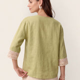 100% Linen Lace-Trim V-Neck Top KEELY