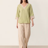 100% Linen Lace-Trim V-Neck Top KEELY