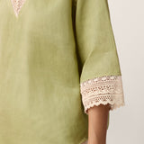 100% Linen Lace-Trim V-Neck Top KEELY