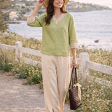 100% Linen Lace-Trim V-Neck Top KEELY