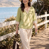 100% Linen Lace-Trim V-Neck Top KEELY
