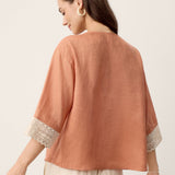 100% Linen Lace-Trim V-Neck Top KEELY