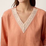 100% Linen Lace-Trim V-Neck Top KEELY