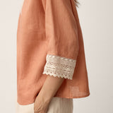 100% Linen Lace-Trim V-Neck Top KEELY