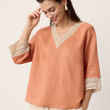 100% Linen Lace-Trim V-Neck Top KEELY