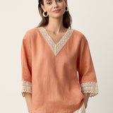 100% Linen Lace-Trim V-Neck Top KEELY