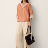 100% Linen Lace-Trim V-Neck Top KEELY