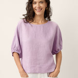 100% Linen Lace Inset Sculpted Cuff Top QUILLA
