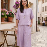 100% Linen Lace Inset Sculpted Cuff Top QUILLA