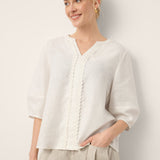 100% Linen Lace Trim Lantern Sleeve V-Neck Top LIVIAN