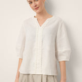 100% Linen Lace Trim Lantern Sleeve V-Neck Top LIVIAN