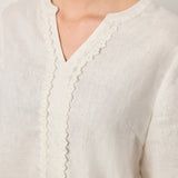 100% Linen Lace Trim Lantern Sleeve V-Neck Top LIVIAN