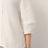 100% Linen Lace Trim Lantern Sleeve V-Neck Top LIVIAN