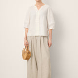 100% Linen Lace Trim Lantern Sleeve V-Neck Top LIVIAN