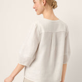 100% Linen Lace Trim Lantern Sleeve V-Neck Top LIVIAN