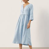 Vestido Maxi LUNA 100% Linho com Cintura Franzida e Botões de Ajuste