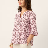 Camisa ILARIA em Linho com Pences, Padrão Paisley e Bainha Curva com Punhos Franzidos