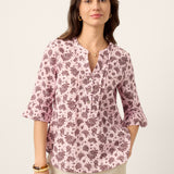 Camisa ILARIA em Linho com Pences, Padrão Paisley e Bainha Curva com Punhos Franzidos