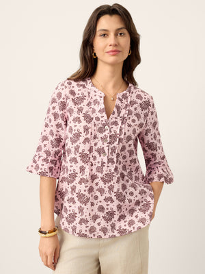 Camisa ILARIA em Linho com Pences, Padrão Paisley e Bainha Curva com Punhos Franzidos