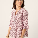 Camisa ILARIA em Linho com Pences, Padrão Paisley e Bainha Curva com Punhos Franzidos