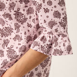 Camisa ILARIA em Linho com Pences, Padrão Paisley e Bainha Curva com Punhos Franzidos