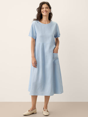 Vestido de Manga Curta em Linho 100% com Riscas Finas e Painéis MORGAN