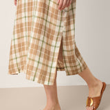 Vestido Maxi LESLIE 100% Linho com Xadrez, Decote em V Profundo, Ombros Descaídos e Fendas Laterais