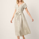 100% Linen Plaid Detachable Tie-Belt Button-Front Maxi Dress LARISSA