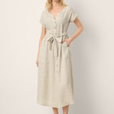 100% Linen Plaid Detachable Tie-Belt Button-Front Maxi Dress LARISSA